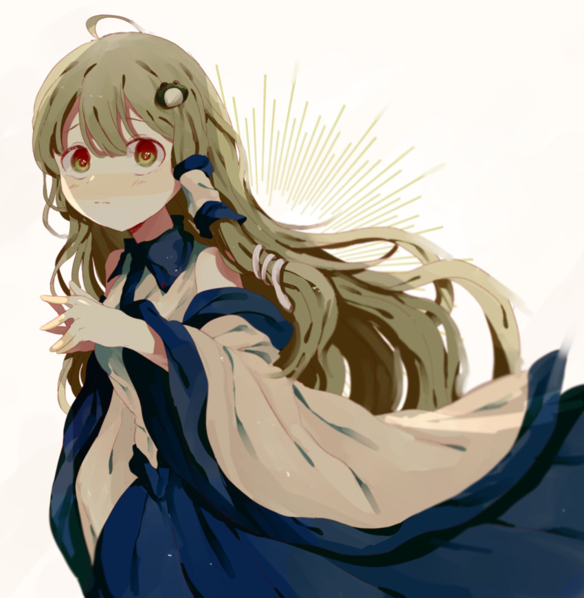 1girl, blue_dress, blue_skirt, collared_shirt, detached_sleeves, dress, frog_hair_ornament, green_eyes