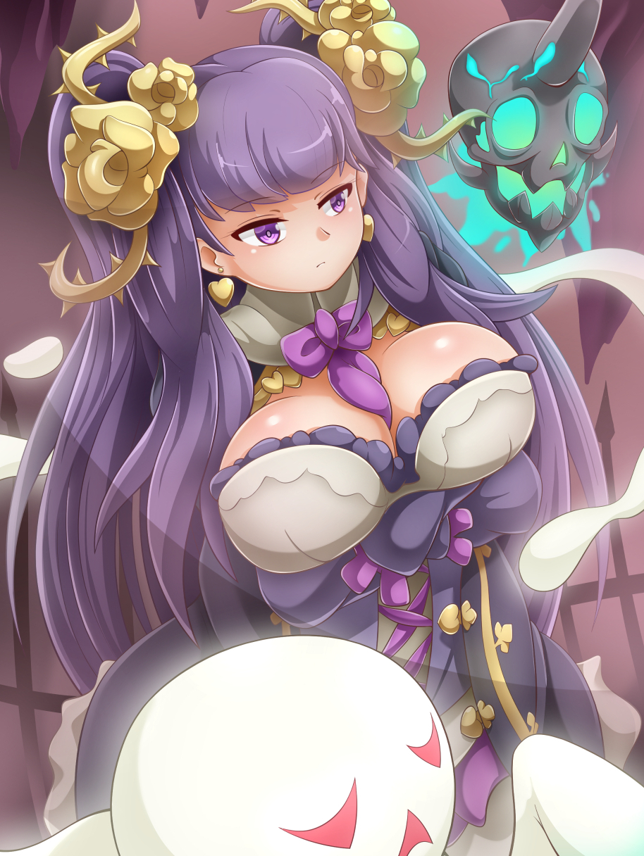 1girl, bang, breasts, earrings, eyebrows_visible_through_hair, finger_gun, ghost, hair_ornament, heart, heart_earrings, highres, jewelry, large_breasts, long_hair, monster, purple_hair, purple_neckwear, sekaiju_no_meikyuu, sekaiju_no_meikyuu_5, skull, solo, sororu, twintails, violet_eyes, xaw