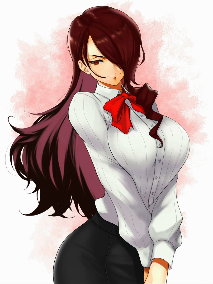 1girl, anagumasan, blush, bow, breasts, gekkoukan_high_school_uniform, hair_over_one_eye, highres