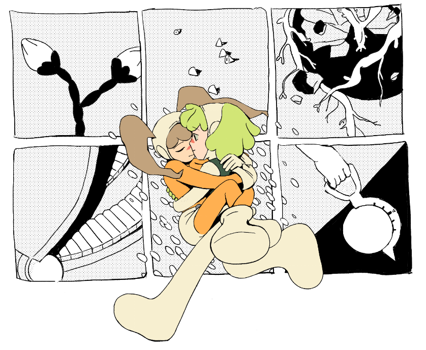 bodysuit, brown_hair, closed_eyes, flower, green_hair, hug, kaiba, kaiba_(character)