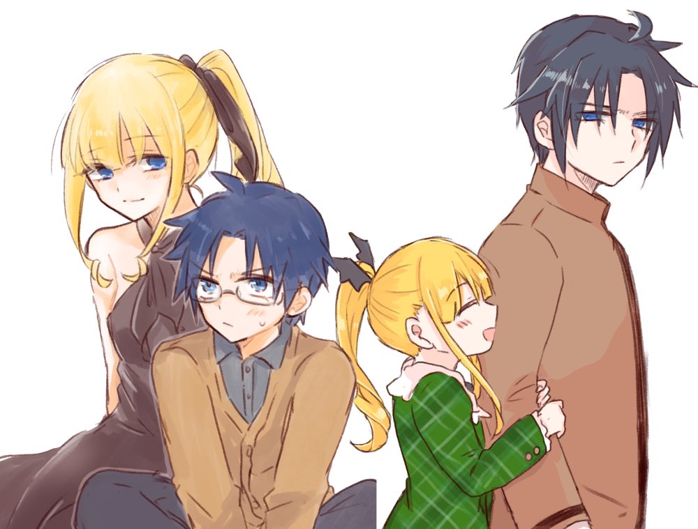 1boy, 1girl, ahoge, bangs, black_hair, blonde_hair, blue_hair, blush