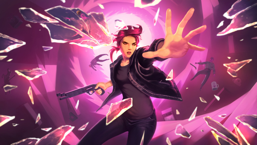 1girl, 3others, absurdres, black_pants, broken_glass, brown_eyes, control_(game), denim, english_commentary, finger_on_trigger, fingernails, glass, gun, handgun, highres, holding, holding_gun, holding_weapon, jacket, jeans, jesse_faden, kousfield, leather, leather_jacket, medium_hair, multiple_others, open_clothes, open_jacket, outstretched_arms, pants, redhead, shirt, solo_focus, t-shirt, telekinesis, weapon