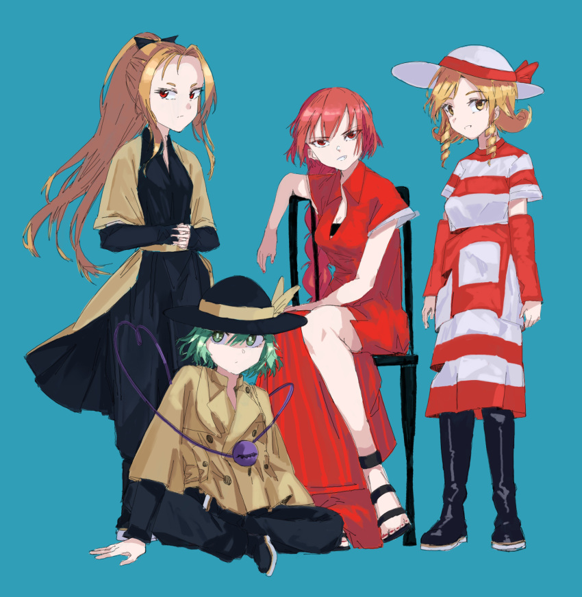 4girls, adapted_costume, alternate_costume, blonde_hair, boots, character_request, contemporary, elly_(touhou), green_eyes, green_hair, hat, highres, jichou_senshi, komeiji_koishi, kurodani_yamame, multiple_girls, okazaki_yumemi, red_eyes, touhou, touhou_(pc-98), yellow_eyes