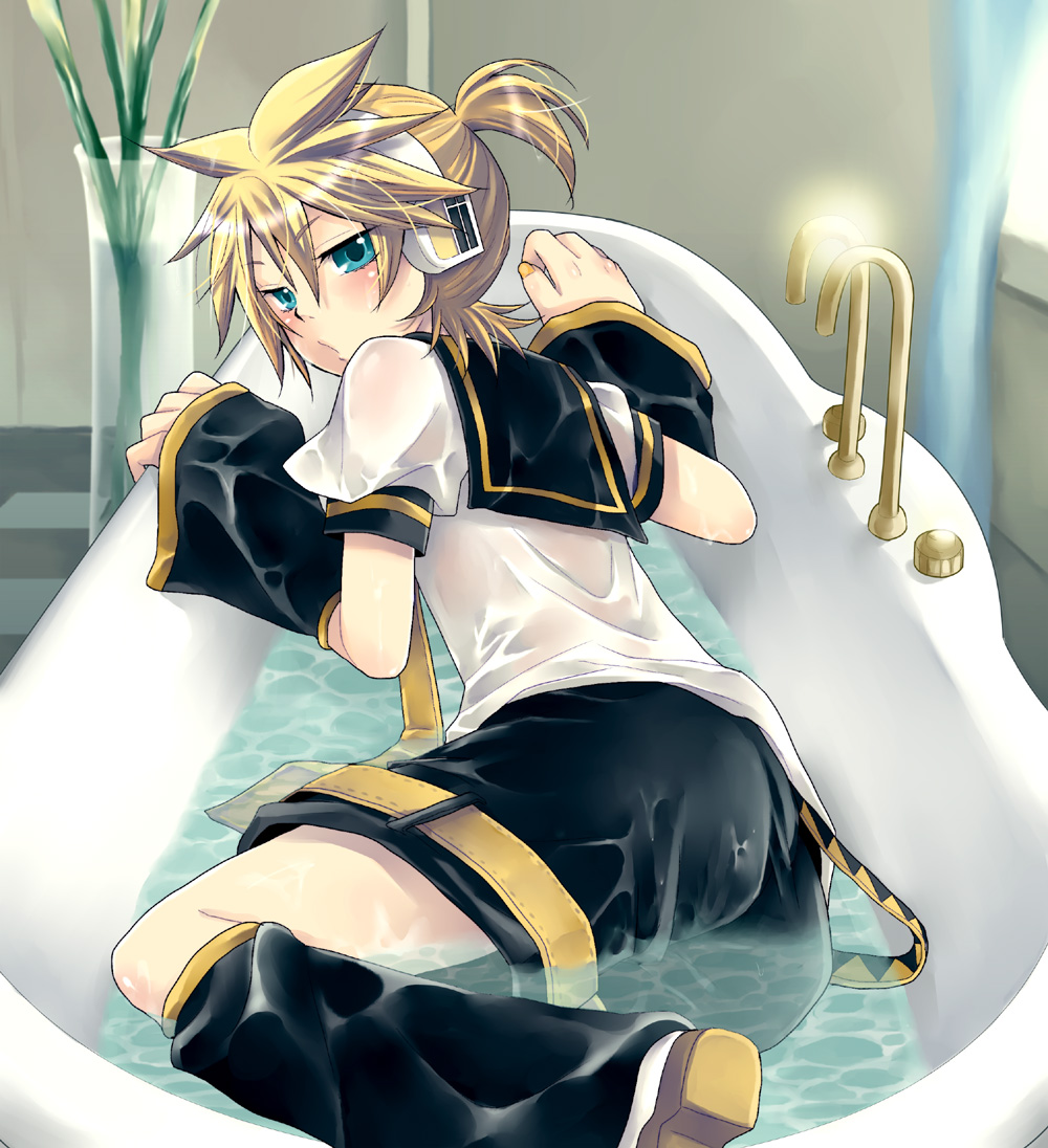 aqua_eyes, bath, blonde_hair, blush, headphones, kagamine_len, looking_back, male, shorts, solo, vocaloid, wet, wet_clothes, yomorin