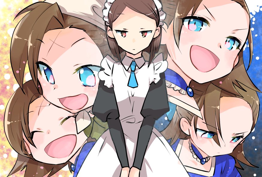 2girls, anne_shelley, apron, black_dress, blue_dress, blue_eyes, blue_neckwear, blunt_ends
