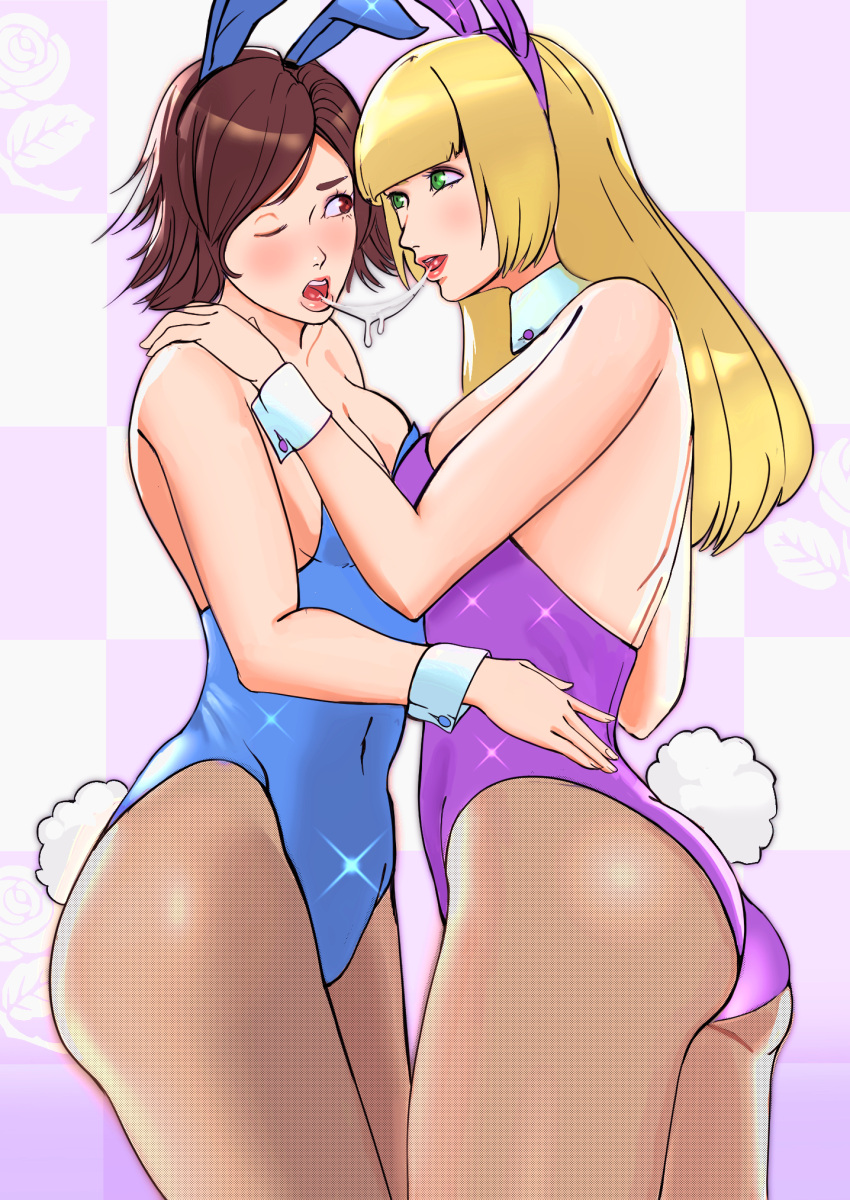 2girls, animal_ears, ass, bangs, bare_shoulders, blonde_hair, blue_eyes, blush