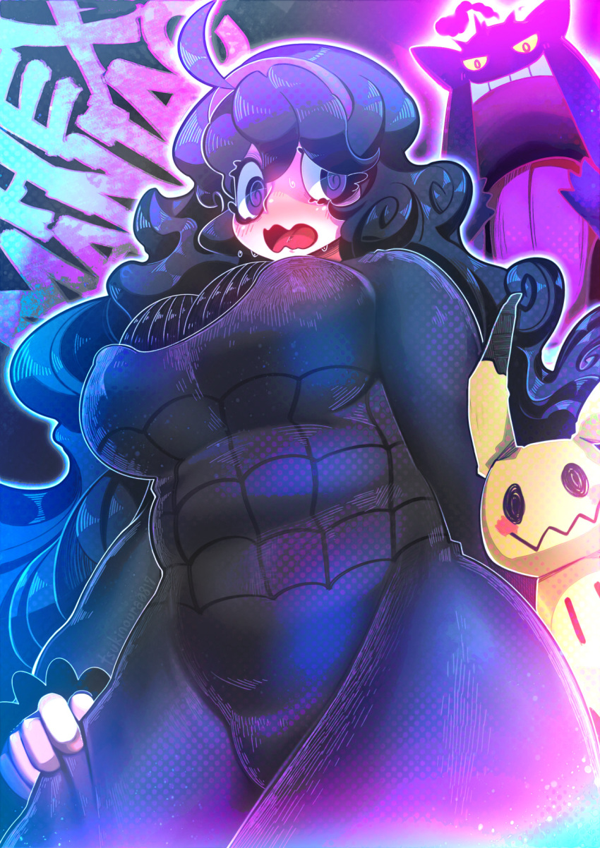 1girl, @_@, ahoge, artist_name, big_hair, black_dress, black_sweater, blush