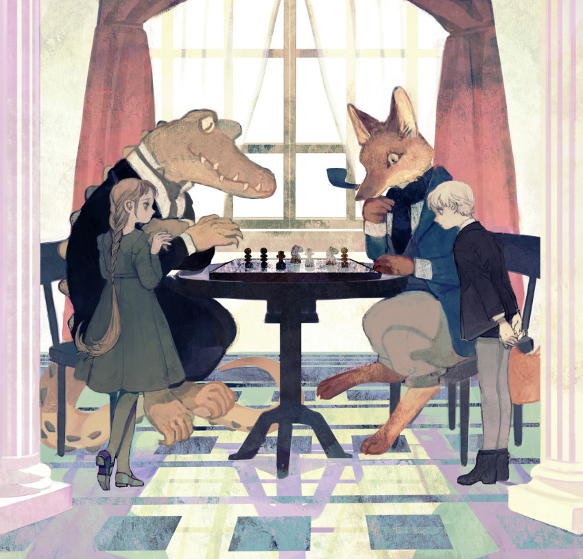 1boy, 1girl, animal, arms_behind_back, bangs, black_dress, black_footwear, black_jacket, black_legwear, black_neckwear, black_pants, blazer, board_game, boots, braid, brown_hair, brown_pants, chair, chess, chessboard, child, claws, clothed_animal, crocodile, crocodilian, crossed_arms, crossed_legs, curtains, dress, fox, from_side, hand_on_own_chin, hands_together, highres, indoors, jacket, long_hair, long_sleeves, mary_janes, necktie, original, pants, pantyhose, pillar, pipe, playing_games, scarf, sharp_teeth, shirt, shoes, short_hair, shorts, sitting, slit_pupils, smoking, standing, tail, teeth, tono_(rt0no), watching, white_hair, white_shirt, window