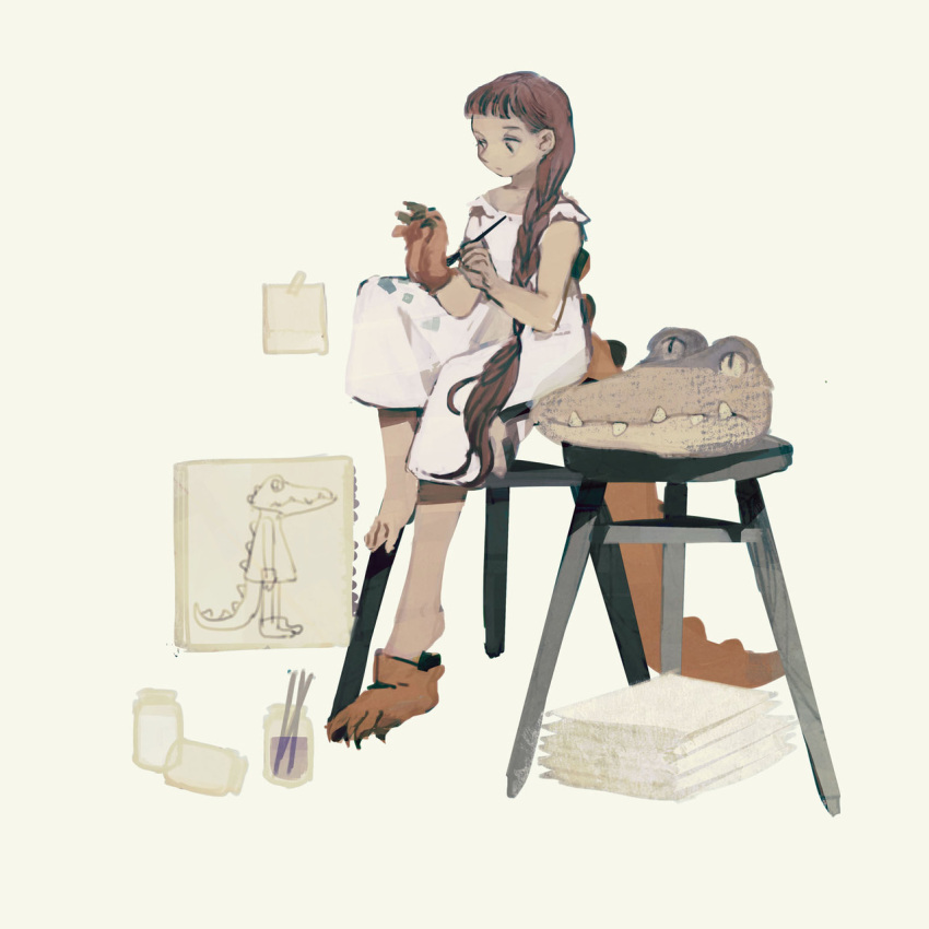 1girl, bangs, barefoot, braid, brown_hair, child, claws, costume, crocodile_costume, drawing, dress, fake_tail, gloves, highres, long_hair, mask, original, painting, simple_background, sitting, solo, stool, tail, tono_(rt0no), white_dress