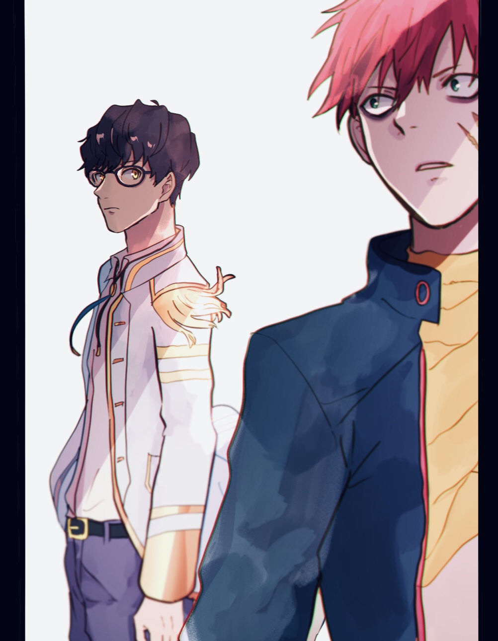 2boys, bags_under_eyes, belt, black_hair, brown_eyes, cowboy_shot, epaulettes, gauma