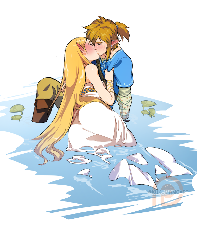 1boy, 1girl, blonde_hair, blue_shirt, blush, boots, bracer, brown_hair, closed_eyes, couple, dress, earrings, hair_down, hetero, jewelry, kiss, kukumomo, layered_sleeves, link, long_dress, long_hair, long_sleeves, partially_submerged, patreon_logo, plant, pointy_ears, ponytail, princess_zelda, shirt, short_over_long_sleeves, short_sleeves, sidelocks, sleeveless, sleeveless_dress, the_legend_of_zelda, the_legend_of_zelda:_breath_of_the_wild, thick_eyebrows, torso_grab, twitter_username, very_long_hair, water, watermark, wet, wet_clothes, wet_dress, white_dress
