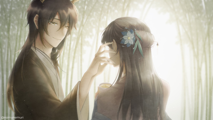 1boy, 1girl, bangs, blue_flower, brown_hair, flower, from_behind, genshin_impact