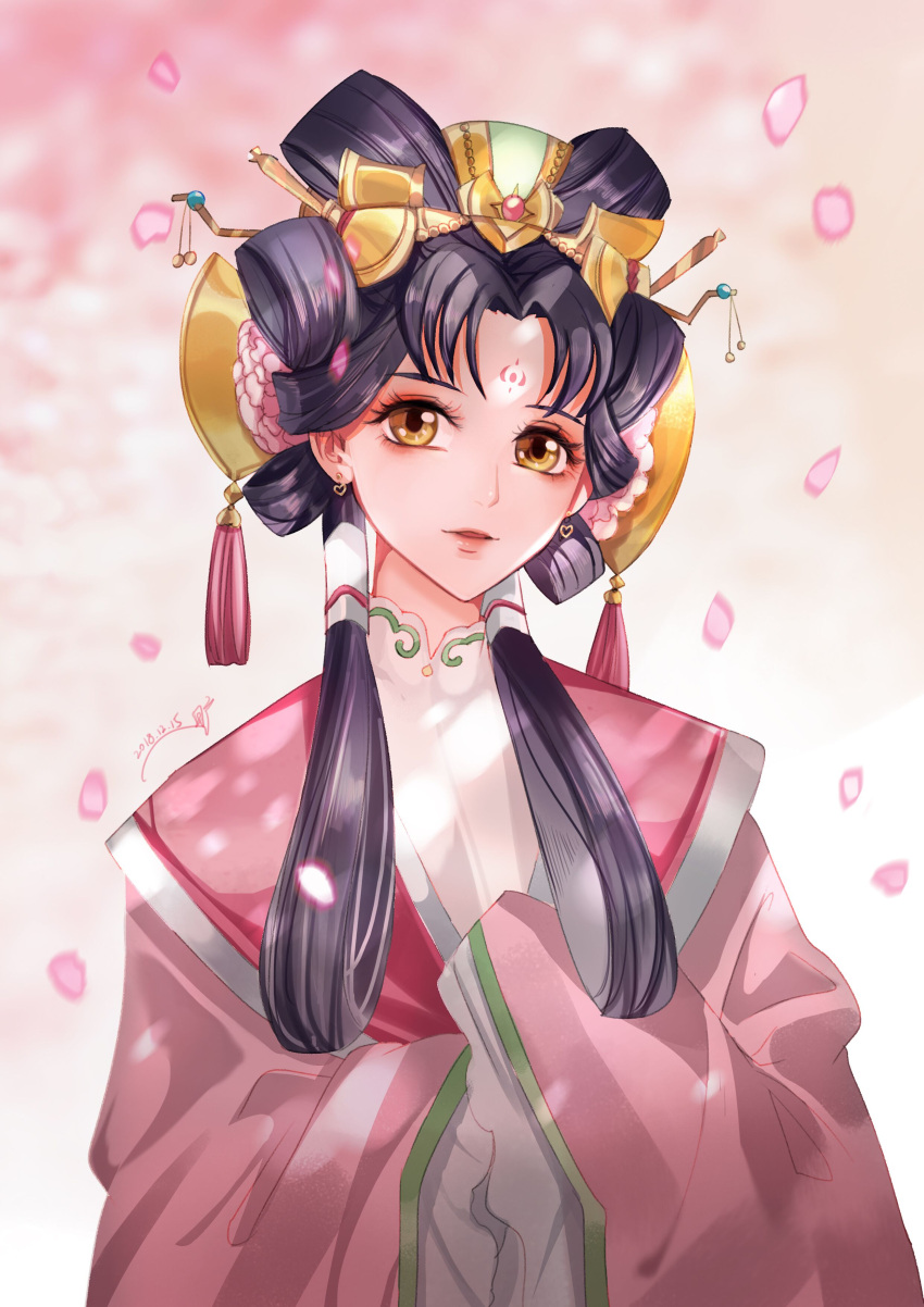 1girl, absurdres, black_hair, brown_eyes, chinese_clothes, dated, earrings, facial_mark