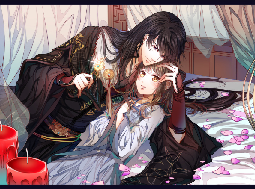1boy, 1girl, black_hair, brown_eyes, candle, chinese_clothes, curtains, hand_on_another's_head