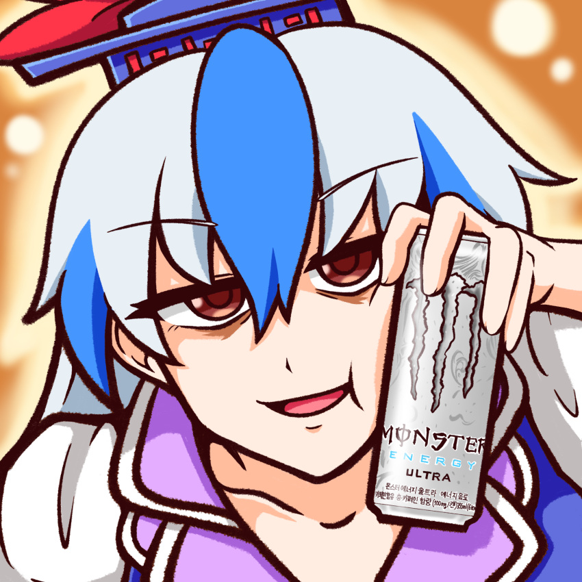 1girl, bags_under_eyes, bangs, blue_hair, blue_shirt, can, cheek_squash, collar