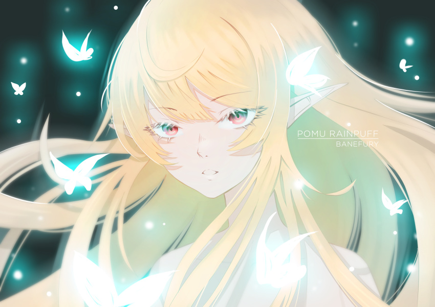 1girl, absurdres, artist_name, banefury, bangs, bare_shoulders, blonde_hair, bug