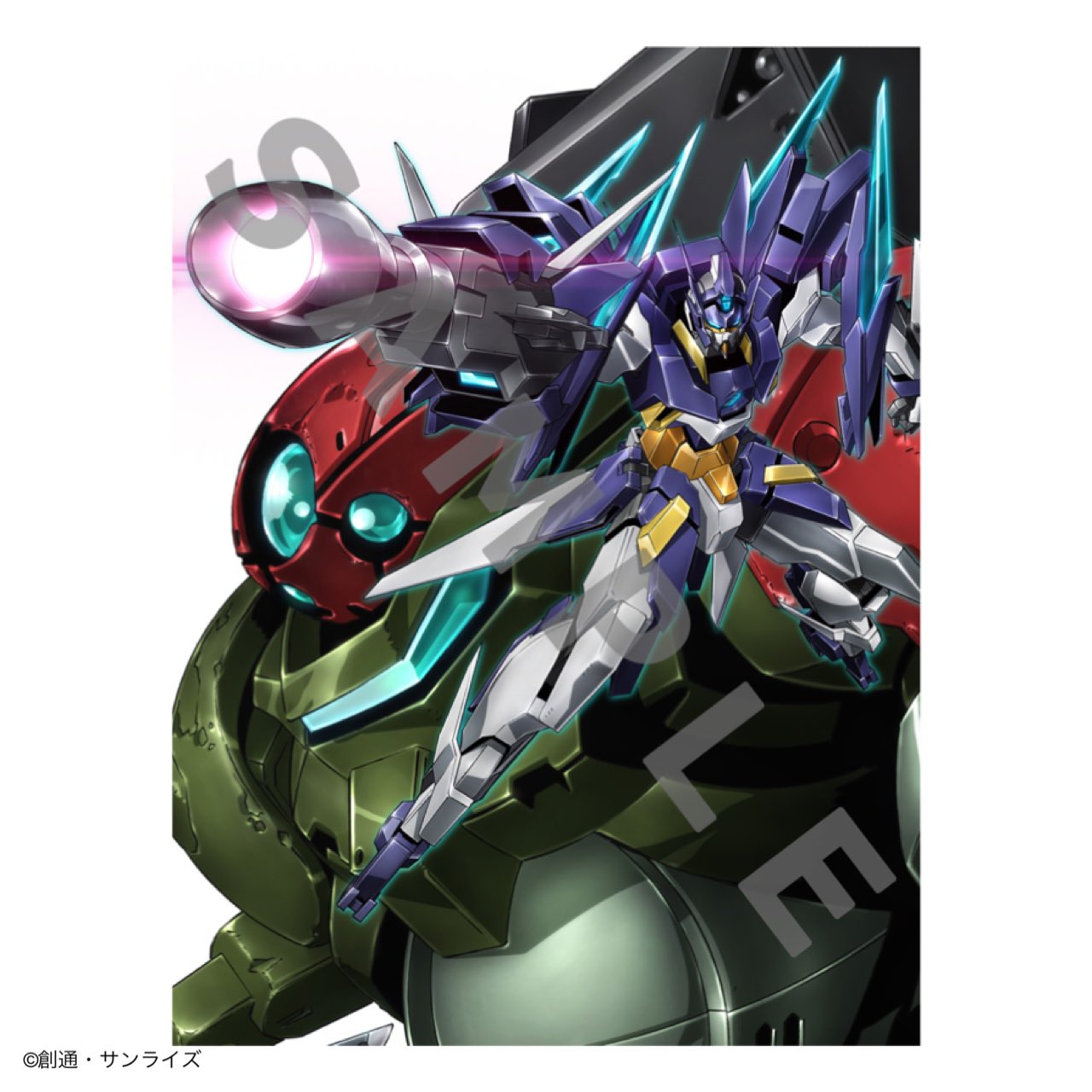 blue_eyes, clenched_hand, extra_eyes, glowing, glowing_eyes, grimoire_red_beret, gun, gundam, gundam_age-2_magnum, gundam_build_divers, highres, holding, holding_gun, holding_weapon, mecha, mobile_suit, no_humans, official_art, oobari_masami, sample, science_fiction, watermark, weapon