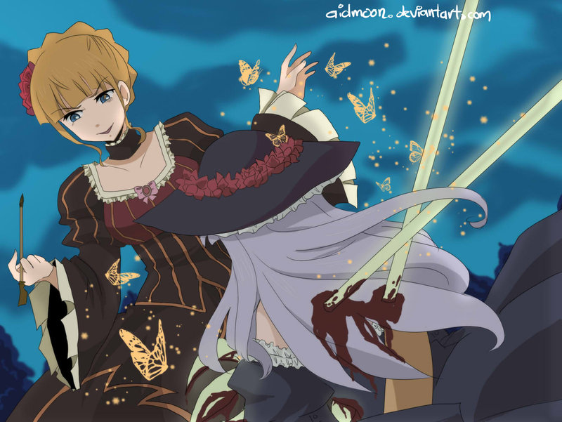 aidmoon, beatrice, blonde_hair, blood, blue_eyes, blue_hair, bow, butterfly