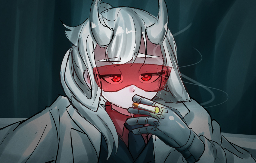 1girl, bangs, black_neckwear, black_vest, chinmissouri, cigarette, coat, collared_shirt