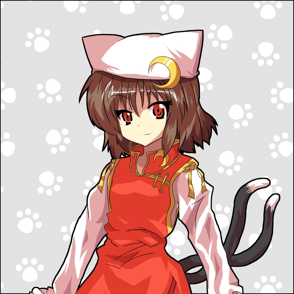 1girl, alphes_(style), animal_hat, brown_hair, cat_girl, cat_hat, cat_tail, crescent, crescent_hair_ornament, hair_ornament, hat, mikazuki_neko, mikazuki_neko_(character), multiple_tails, original, parody, paw_print, paw_print_background, red_eyes, smile, solo, style_parody, tail, upper_body