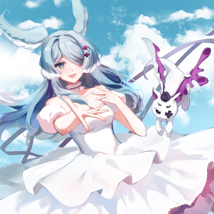 1girl, a_ji, alternate_costume, bangs, breasts, choker, clouds, dragon