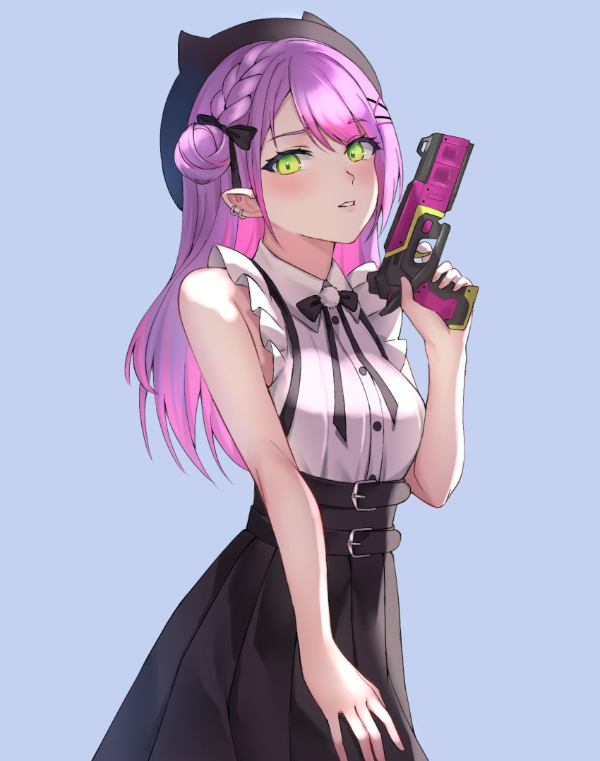 apex_legends, bangs, belt, beret, beyo, black_belt, black_headwear, black_skirt, blue_background, breasts, collared_shirt, finger_on_trigger, gun, hair_behind_ear, handgun, hat, highres, holding, holding_gun, holding_weapon, hololive, long_hair, parted_lips, pistol, pointy_ears, purple_hair, sa-3_mozambique, shirt, shirt_tucked_in, side_bun, skirt, sleeveless, sleeveless_shirt, small_breasts, tokoyami_towa, virtual_youtuber, weapon, white_shirt