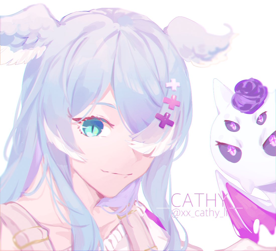 1girl, animal_ears, artist_name, black_sclera, blue_eyes, blue_hair, cathy_(xx_cathy_li), collarbone, colored_sclera, dragon, dragon_ears, elira_pendora, hair_over_one_eye, nijisanji, nijisanji_en, off_shoulder, one_eye_covered, pikl_(elira_pendora), smile, solo_focus, sweater, twitter_username, upper_body, violet_eyes, white_sweater