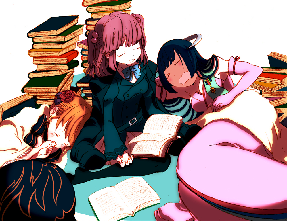 beatrice, black_legwear, black_thighhighs, blonde_hair, blue_hair, book, featherine_augustus_aurora, flower