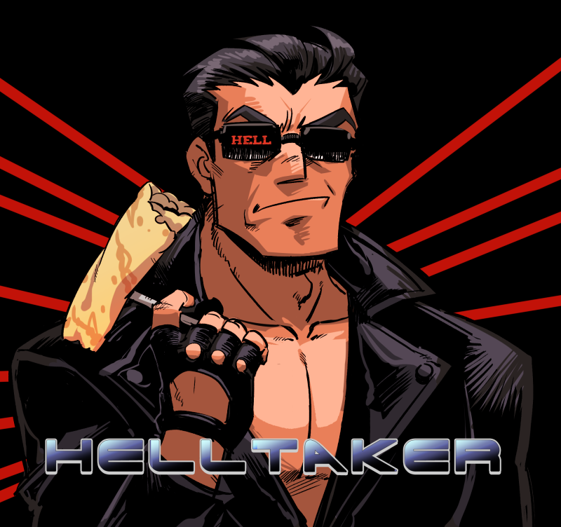 1boy, ahoge, black_background, black_hair, closed_mouth, expressionless, food, gloves, helltaker, helltaker_(character), holding, jacket, long_sleeves, nijuumaru, pancake, parody, pectorals, short_hair, solo, standing, sunglasses, terminator_(series), the_terminator, title, title_parody, upper_body