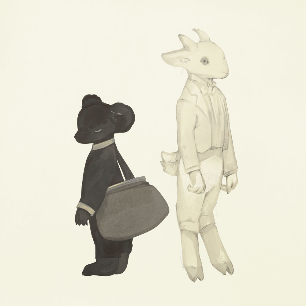 animal, animal_focus, bag, bear, black_bear, black_jacket, bow, bowtie