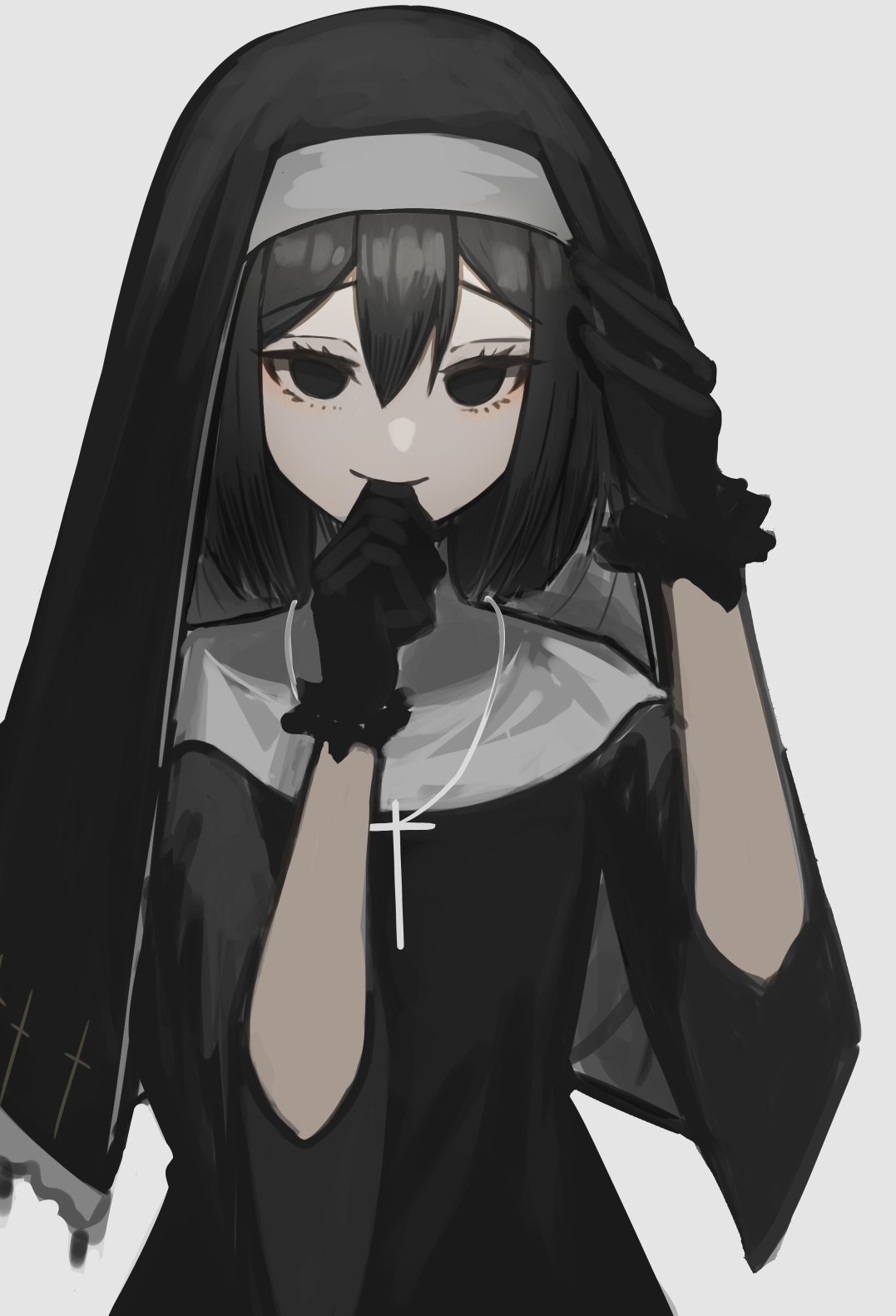 1girl, adjusting_clothes, adjusting_headwear, alternate_costume, bangs, biting_hand, black_dress, black_eyes