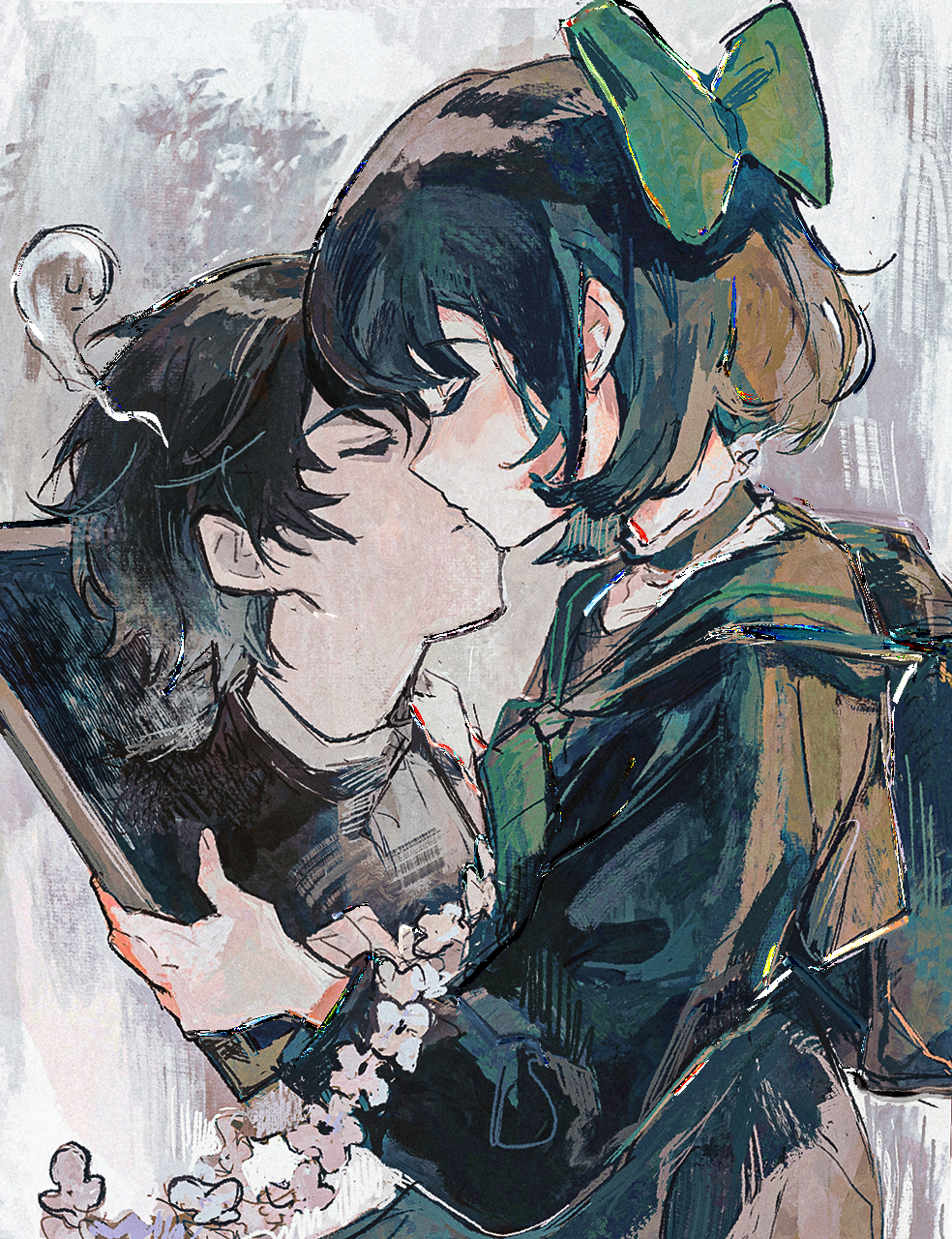 1boy, 1girl, backpack, bag, black_choker, black_hair, black_sailor_collar, black_serafuku