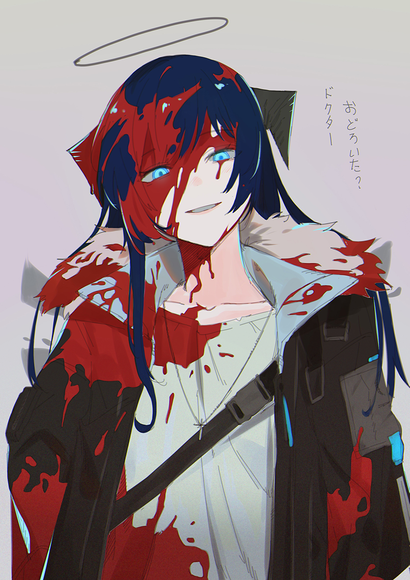 1girl, arknights, black_jacket, blood, blood_on_face, bloody_clothes, blue_eyes, blue_hair