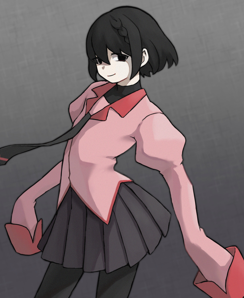 1girl, absurdres, alternate_hairstyle, bangs, black_eyes, black_hair, black_legwear, black_neckwear, black_skirt, black_undershirt, bob_cut, braid, breasts, commentary, contrapposto, cowboy_shot, empty_eyes, french_braid, gradient, gradient_background, grey_background, hair_between_eyes, highres, juliet_sleeves, light_smile, long_sleeves, looking_at_viewer, looking_to_the_side, misomisosabamiso, monogatari_(series), naoetsu_high_school_uniform, necktie, oshino_ougi, pale_skin, pantyhose, pink_shirt, pleated_skirt, puffy_sleeves, school_uniform, shaded_face, shirt, short_hair, skirt, sleeves_past_fingers, sleeves_past_wrists, small_breasts, solo, turtleneck
