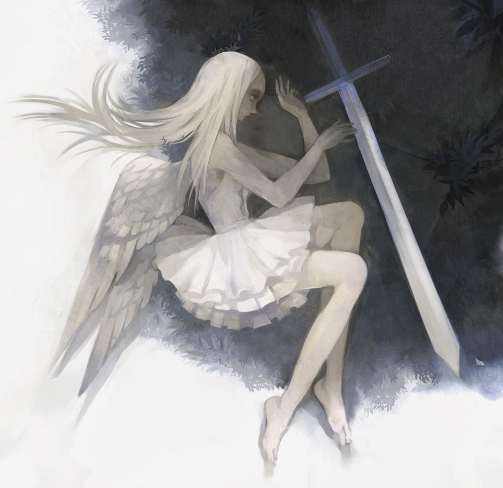 1girl, angel_wings, barefoot, blonde_hair, dress, full_body, grass, long_hair