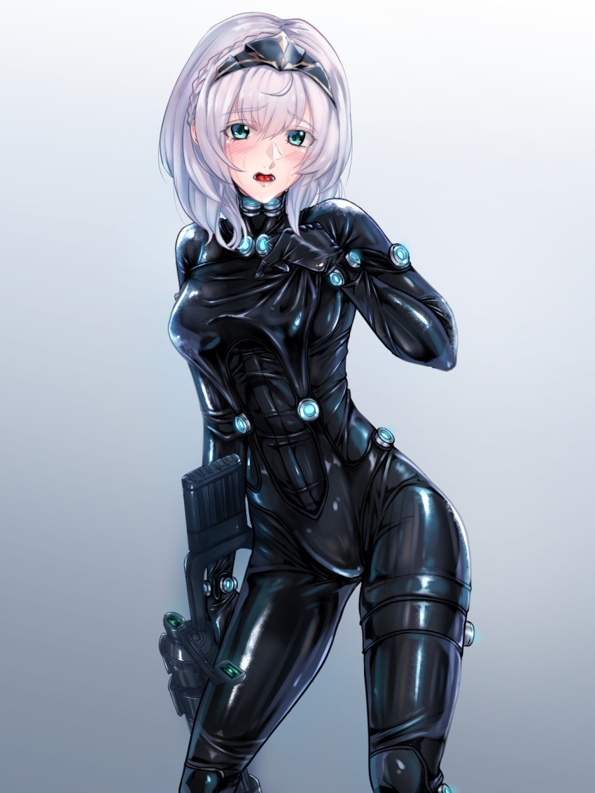 black_bodysuit, bodysuit, breasts, energy_gun, gantz, gantz_suit, green_eyes, gun, h-gun, highres, holding, holding_gun, holding_weapon, hololive, large_breasts, latex, latex_bodysuit, neon_lights, neon_trim, parazan_d, shirogane_noel, short_hair, silver_hair, skin_tight, virtual_youtuber, weapon