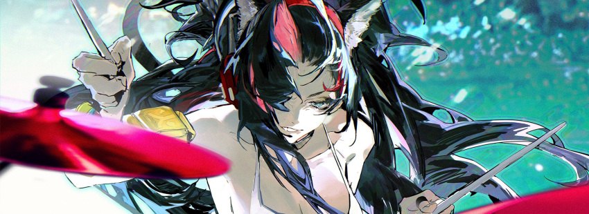 1girl, animal_ears, arknights, bare_shoulders, black_hair, blaze_(arknights), blue_eyes, breasts