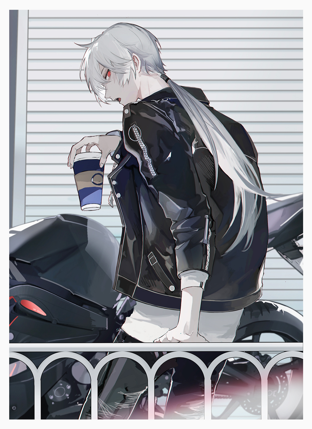 1boy, black_jacket, black_pants, coffee_cup, cup, disposable_cup, from_behind, ground_vehicle