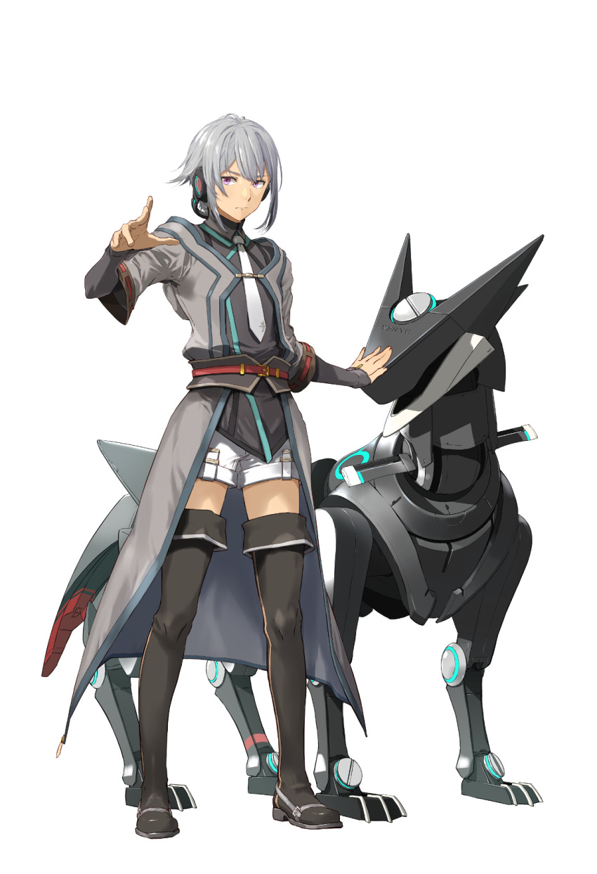 1boy, belt, black_footwear, black_legwear, black_shirt, boots, closed_mouth, coat, collared_shirt, eiyuu_densetsu, enami_katsumi, expressionless, full_body, grey_coat, headphones, highres, kuro_no_kiseki, long_sleeves, looking_at_viewer, necktie, official_art, open_clothes, open_coat, outstretched_hand, quatre_salision, red_belt, robot, robot_dog, shirt, short_hair, short_shorts, shorts, sidelocks, silver_hair, silver_neckwear, simple_background, sleeves_past_wrists, standing, thigh-highs, thigh_boots, third-party_source, violet_eyes, white_background, white_shorts, xeros_(eiyuu_densetsu)