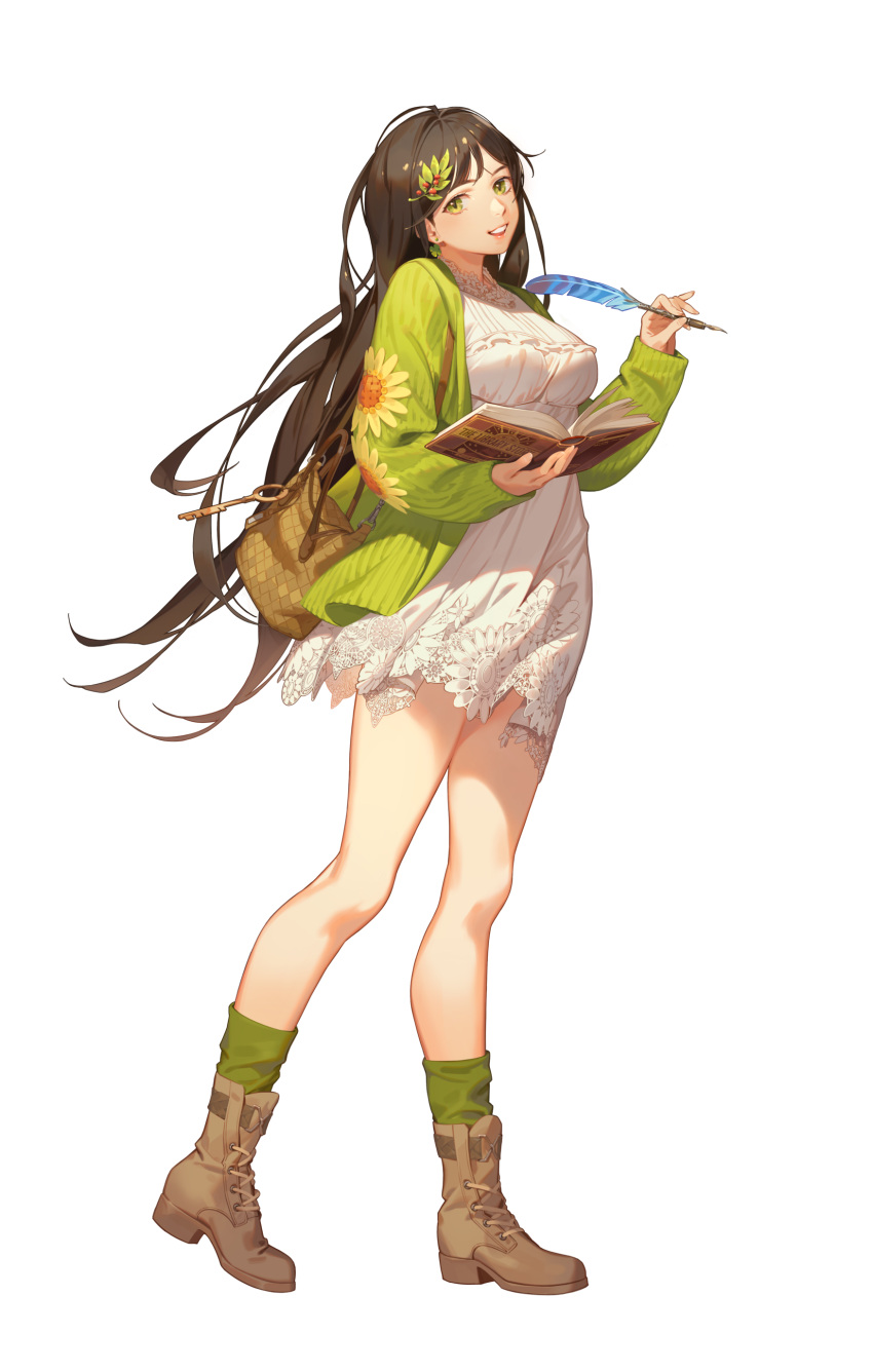 1girl, absurdres, bag, bangs, black_survival, book, boots, breasts, brown_bag, brown_footwear, brown_hair, cardigan, clover_earrings, dress, earrings, feathers, fingernails, flower, from_side, full_body, green_cardigan, green_eyes, green_legwear, gweon_sua, hair_ornament, highres, holding, holding_book, holding_feather, jewelry, key, lips, long_hair, long_sleeves, looking_at_viewer, official_alternate_costume, official_art, open_book, open_cardigan, open_clothes, open_mouth, shoelaces, short_dress, smile, socks, solo, standing, sunflower, transparent_background, white_dress, yamakawa