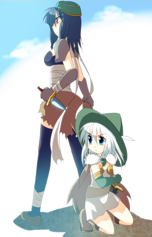 2girls, alchemist_(ragnarok_online), armor, assassin_(ragnarok_online), bandages, bangs, black_hair, black_pants