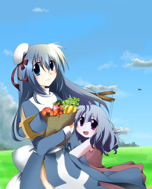 2girls, bangs, bell_pepper, blue_eyes, blue_hair, blue_sky, blush, bow