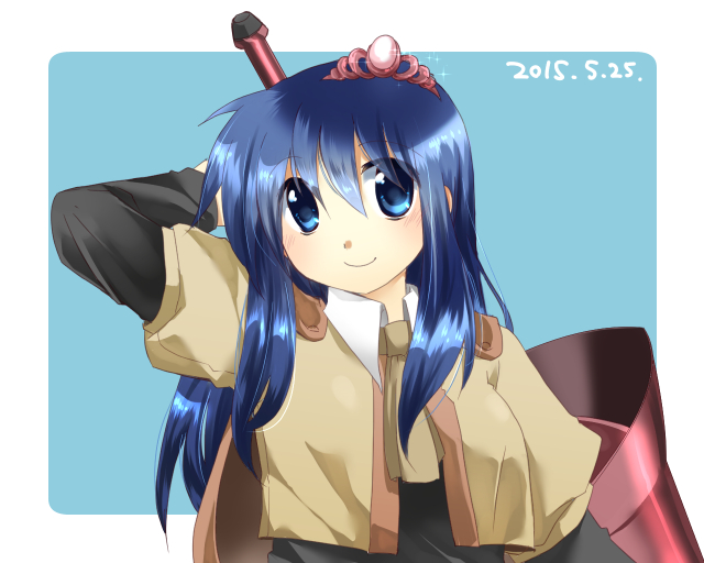 1girl, arm_up, asgard, bangs, blue_background, blue_eyes, blue_hair, blush