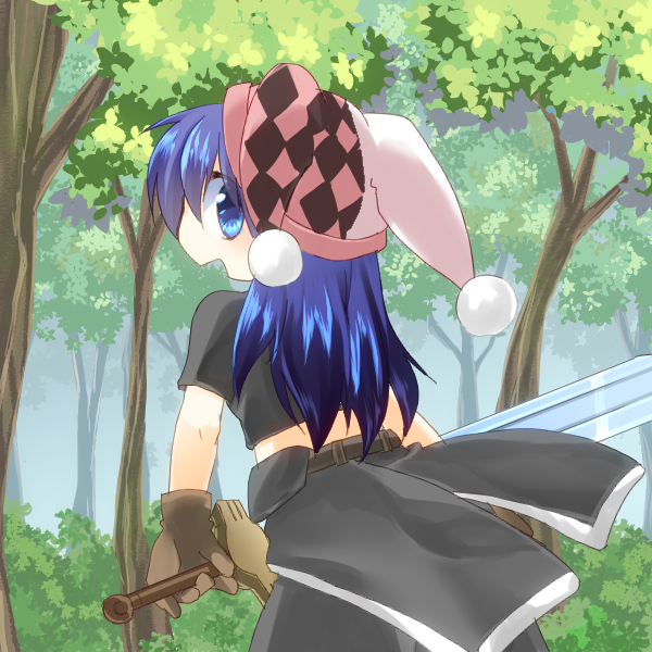 1girl, asgard, bangs, black_pants, black_shirt, blue_eyes, blue_hair, brown_gloves