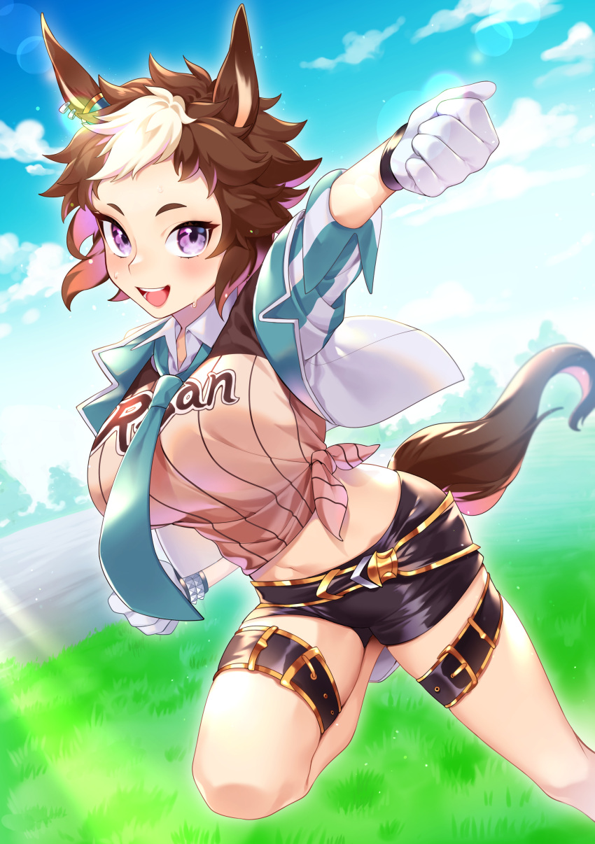 085_(zerohachiko), 1girl, :d, absurdres, animal_ears, arm_up, bangs, belt, black_belt, black_shorts, blue_sky, blush, breasts, brown_hair, brown_shirt, clenched_hands, clothes_writing, clouds, commentary_request, cowboy_shot, cropped_jacket, day, detached_collar, ear_ornament, ear_piercing, foreshortening, gloves, grass, green_neckwear, groin, highres, horse_ears, horse_girl, horse_tail, jacket, large_breasts, leg_belt, light_rays, looking_at_viewer, mejiro_ryan_(umamusume), midriff, multicolored_hair, navel, necktie, open_clothes, open_jacket, open_mouth, outdoors, partial_commentary, piercing, shirt, short_hair, short_shorts, shorts, sidelocks, sky, smile, solo, standing, standing_on_one_leg, striped, striped_shirt, studded_bracelet, sunbeam, sunlight, sweat, tail, tied_shirt, two-tone_hair, umamusume, upper_teeth, vertical-striped_jacket, vertical-striped_shirt, vertical_stripes, violet_eyes, white_gloves, white_hair