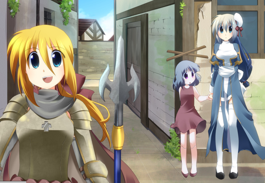 3girls, :d, alternate_color, armor, bangs, black_footwear, blonde_hair, blue_eyes