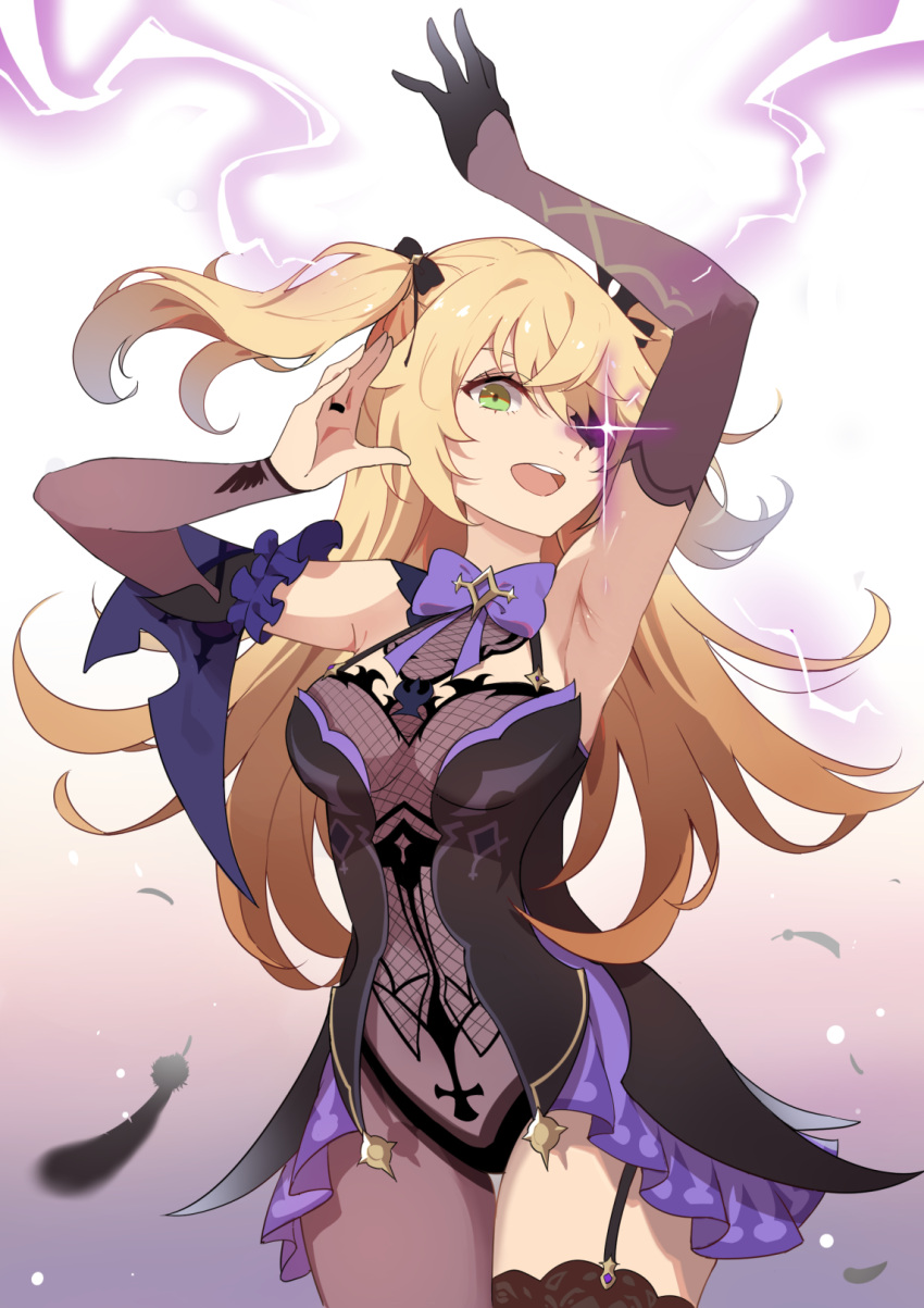 1girl, :d, arm_garter, armpits, arms_up, asymmetrical_clothes, bima_rahmaa, black_bow