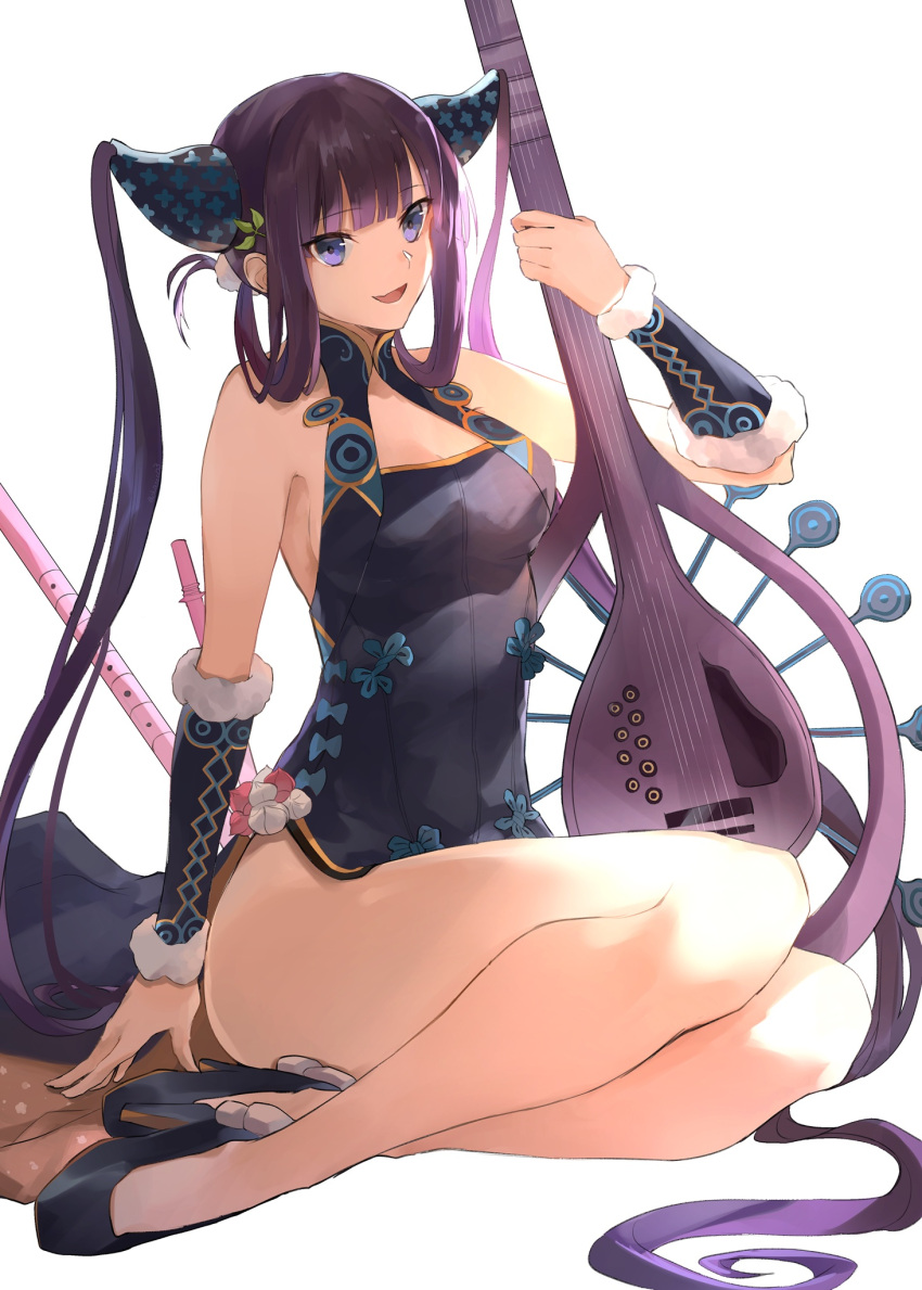 1girl, ass, bangs, bare_legs, black_eyes, black_hair, breasts, china_dress, chinese_clothes, dress, fate/grand_order, fate_(series), highres, holding, holding_instrument, hoshi_rasuku, instrument, long_hair, lute_(instrument), open_mouth, simple_series, sitting, smile, solo, twintails, white_background, yang_guifei_(fate)