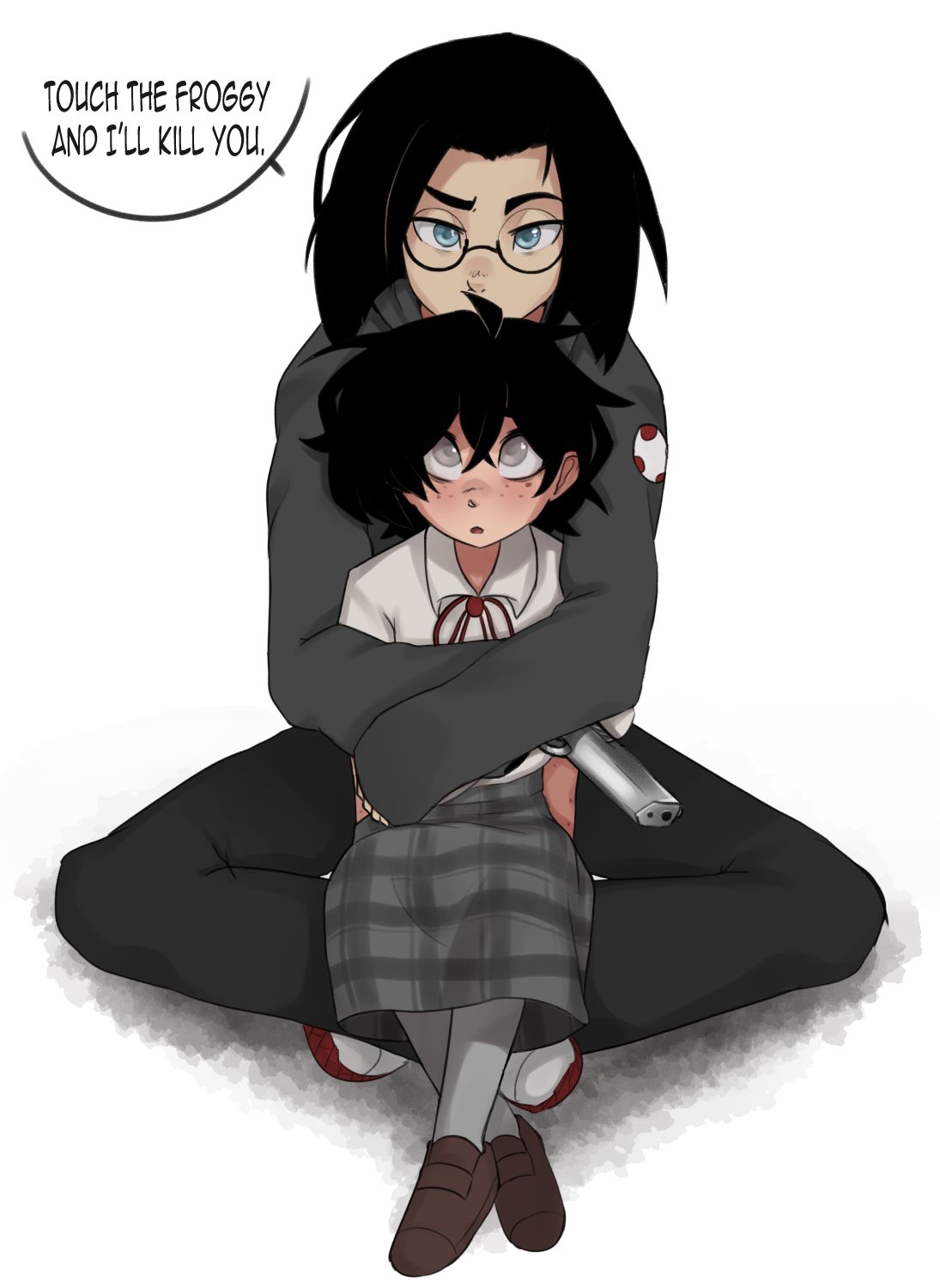 1boy, 1girl, bangs, black_hair, black_pants, blind, blind_girl_(popopoka), borrowed_character, brown_footwear, collared_shirt, crossed_bangs, english_text, glasses, grey_background, grey_eyes, grey_hoodie, grey_legwear, grey_skirt, hair_between_eyes, highres, hood, hoodie, hug, long_sleeves, malberrybush, neck_ribbon, original, pants, pantyhose, plaid, plaid_skirt, red_ribbon, ribbon, round_eyewear, semi-rimless_eyewear, shirt, shoes, simple_background, sitting, skirt, sleeves_past_wrists