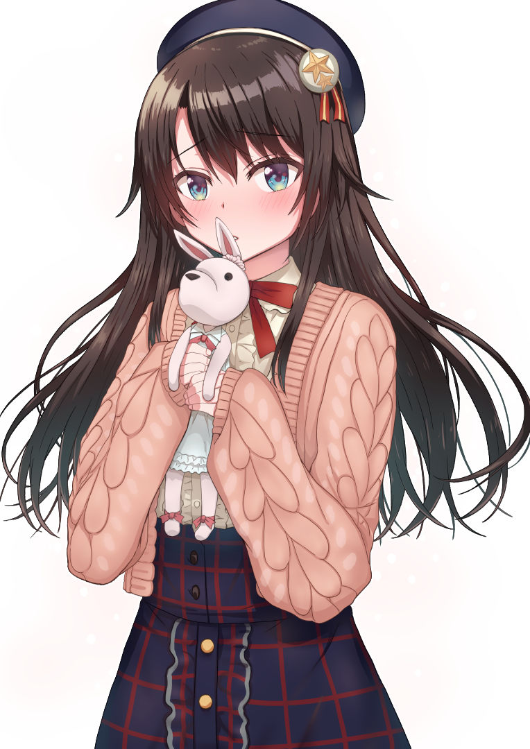 1girl, arinotowatari, bangs, blue_eyes, blue_headwear, blush, brown_hair, clothing_request
